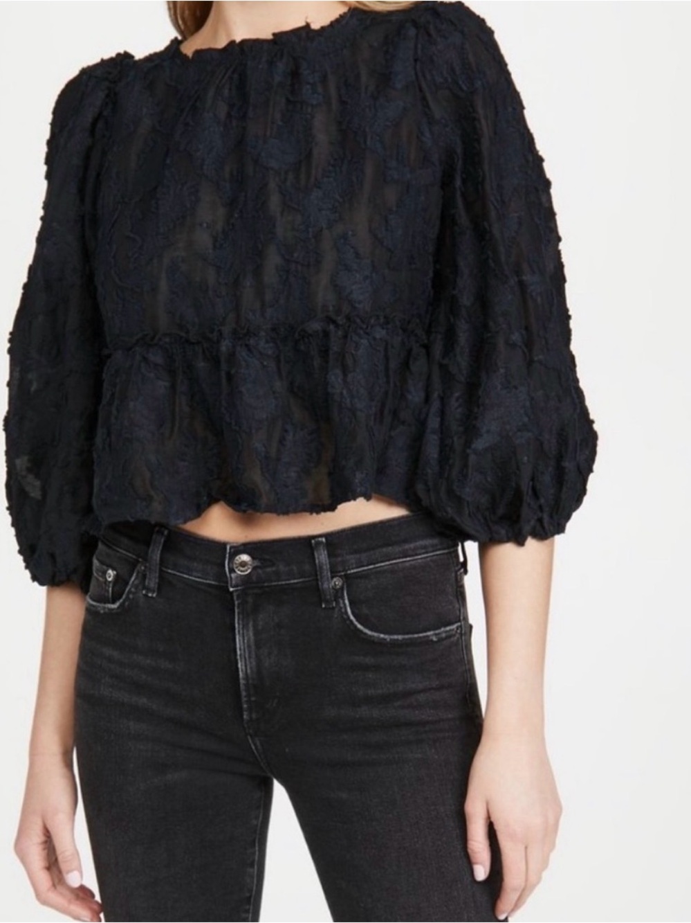 Free People - Callie Black Textured Floral Tie Back Long Sleeve Blouse Size SM